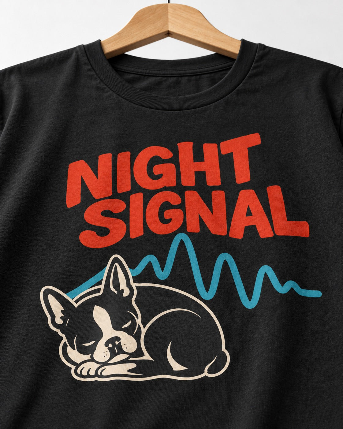 Boston Terrier Sleeping Night Signal T-Shirt in Black, close-up of the graphic