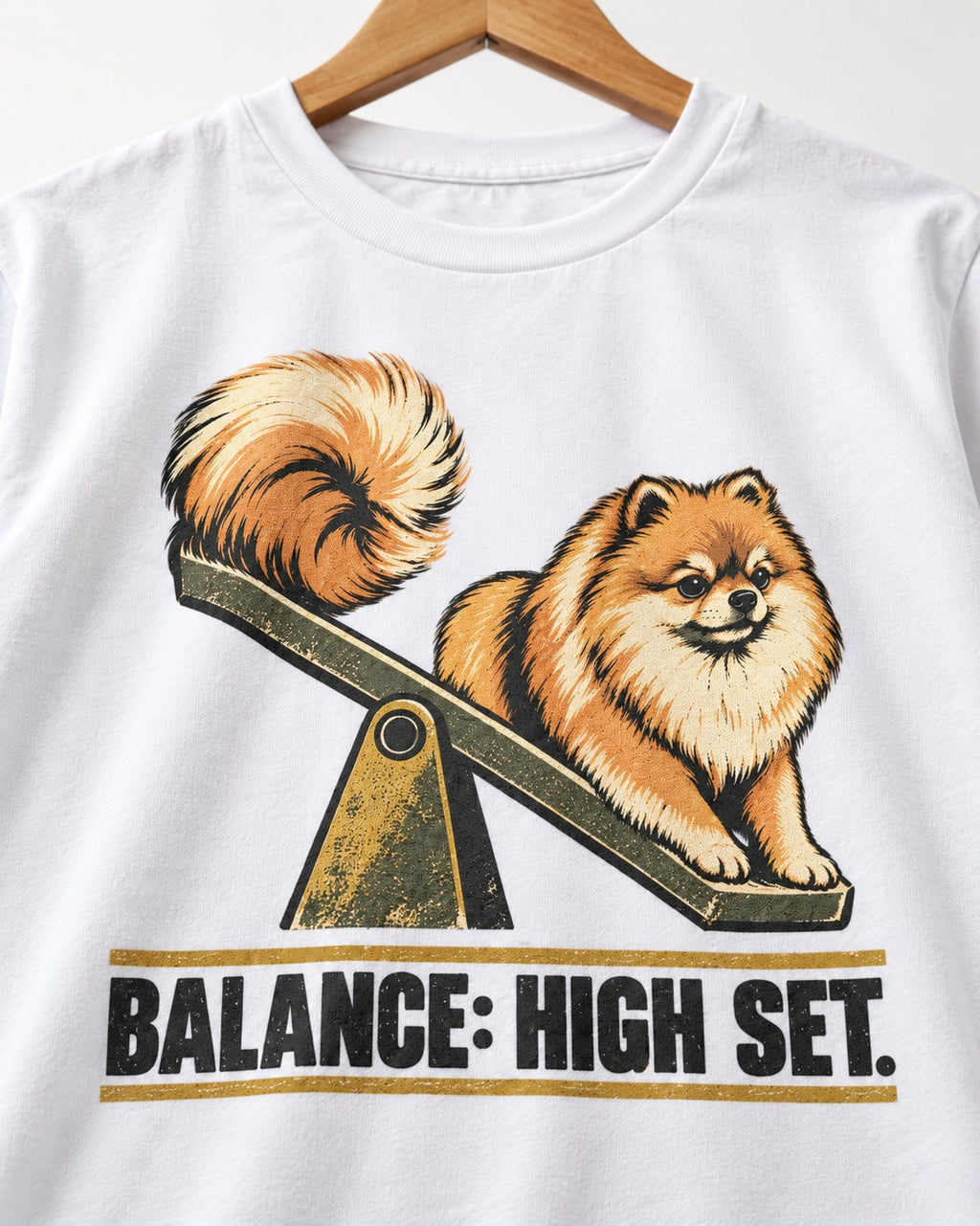 Pomeranian Balance High Set T-Shirt in White, close-up of the graphic