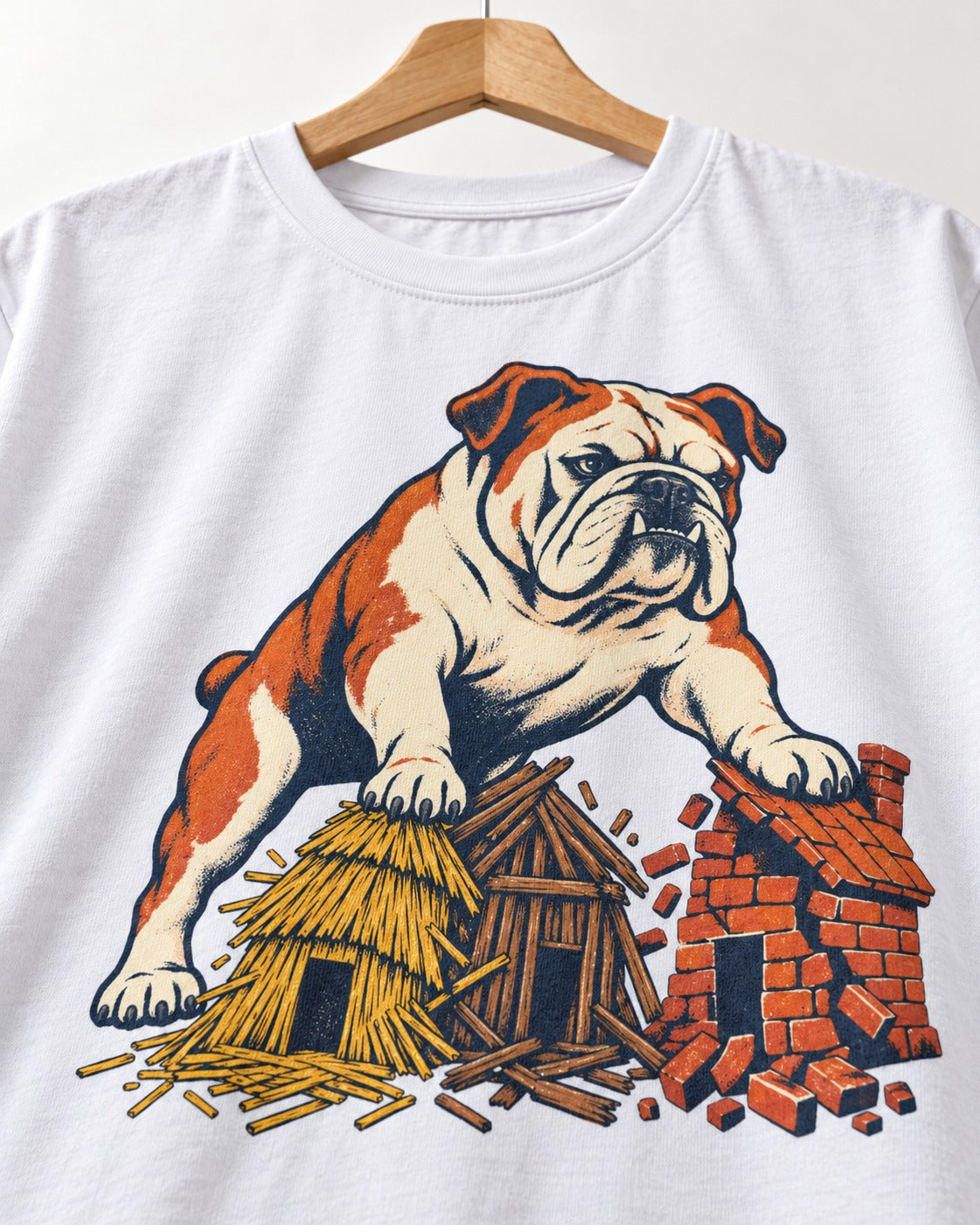 English Bulldog Huff and Puff T-Shirt in White, close-up of the graphic