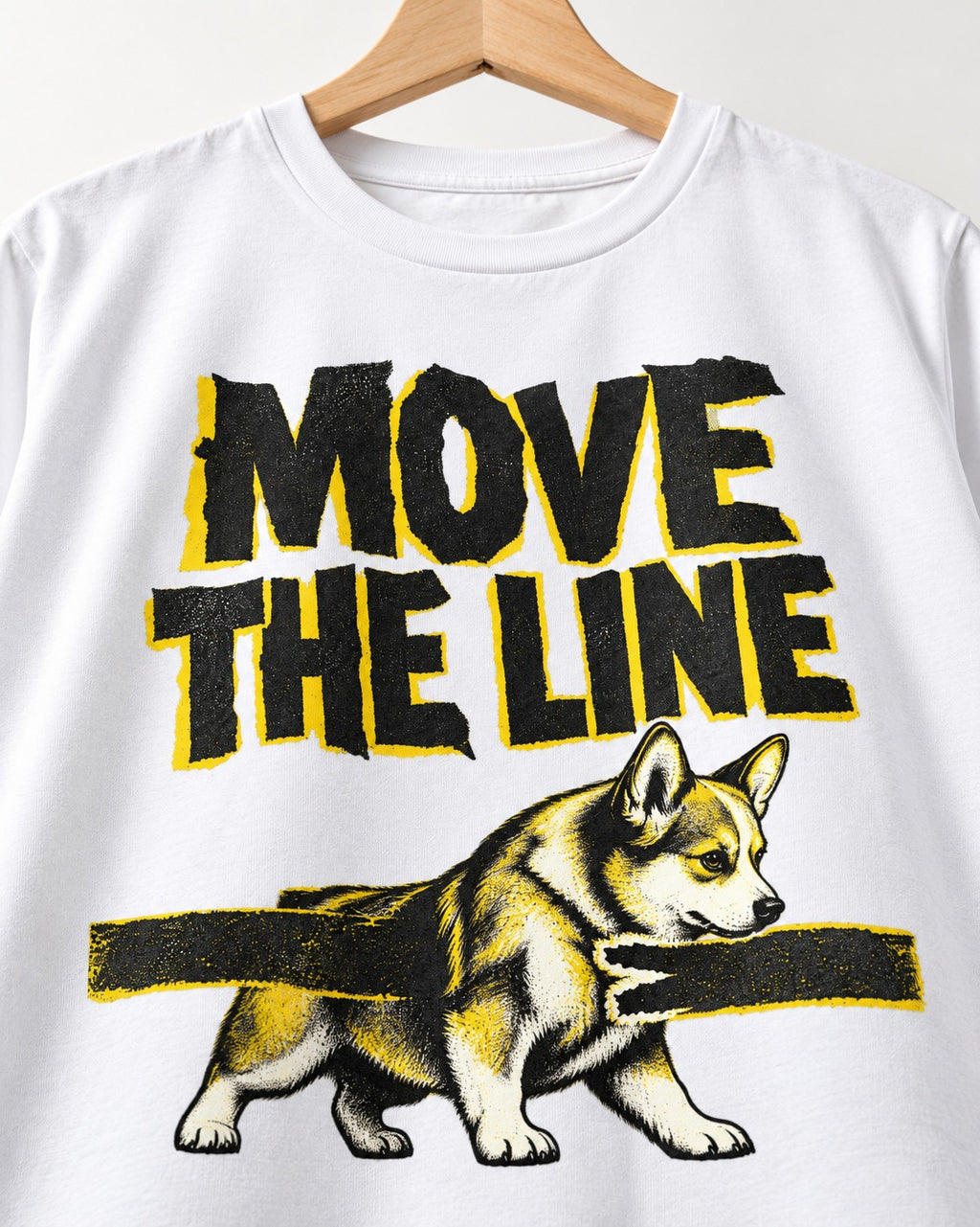 Corgi Move the Line T-Shirt in White, close-up of the graphic