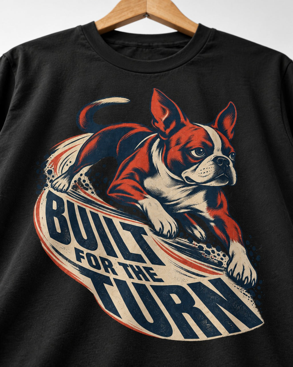 Built for the Turn Boston Terrier T-Shirt in Black, close-up of the graphic