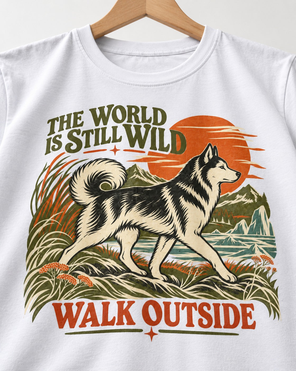 Walk Outside with Husky T-Shirt in White, close-up of the graphic