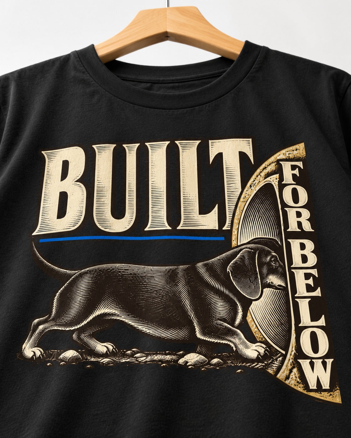 Dachshund Built for Below Vintage Burrow Graphic T-Shirt in Black, close-up of the graphic