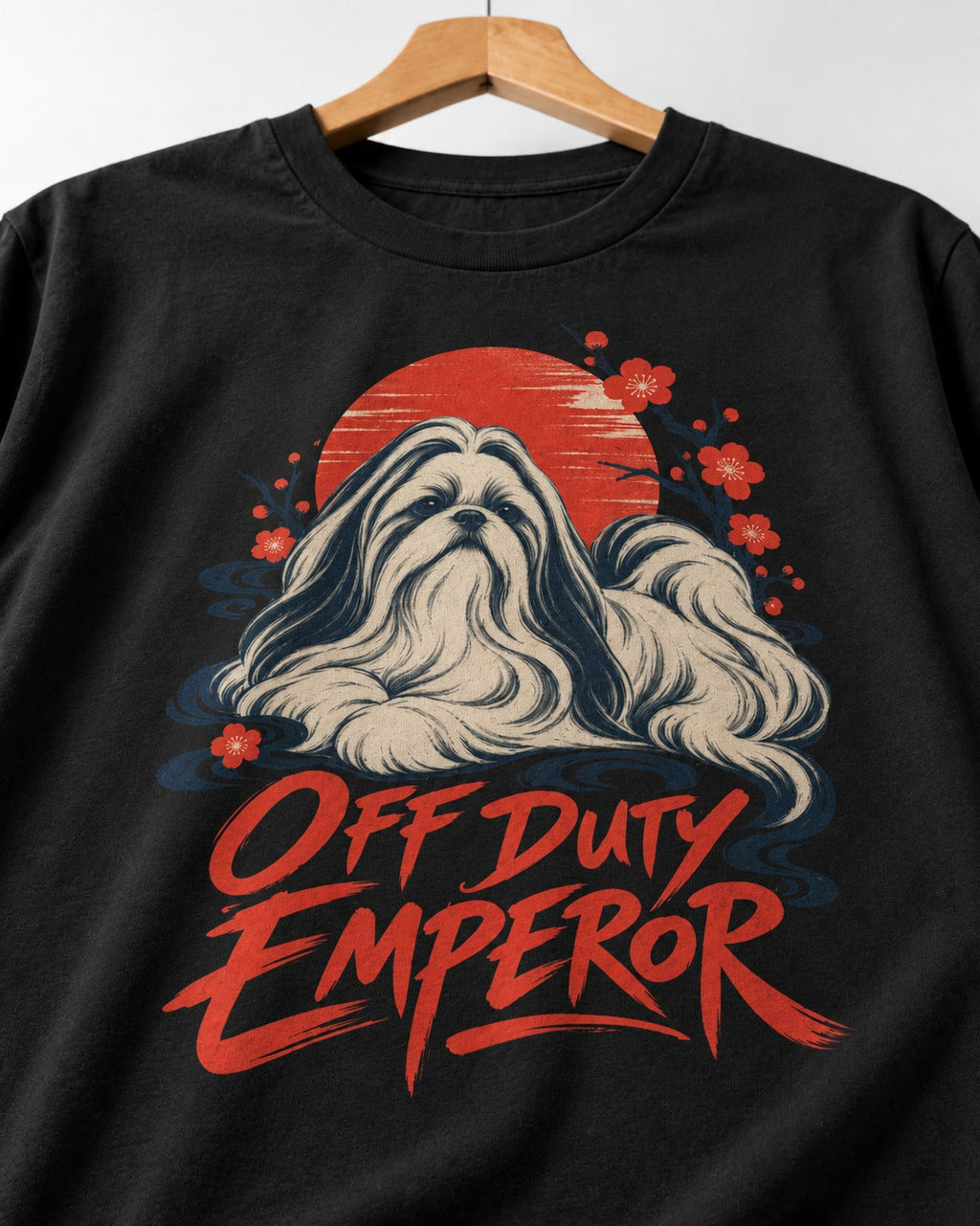 Shih Tzu Off Duty Emperor Sunset Blossom Graphic T-Shirt in Black, close-up of the graphic