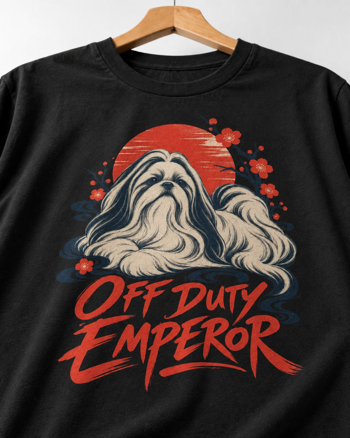 Shih Tzu Off Duty Emperor Sunset Blossom Graphic T-Shirt in Black, close-up of the graphic
