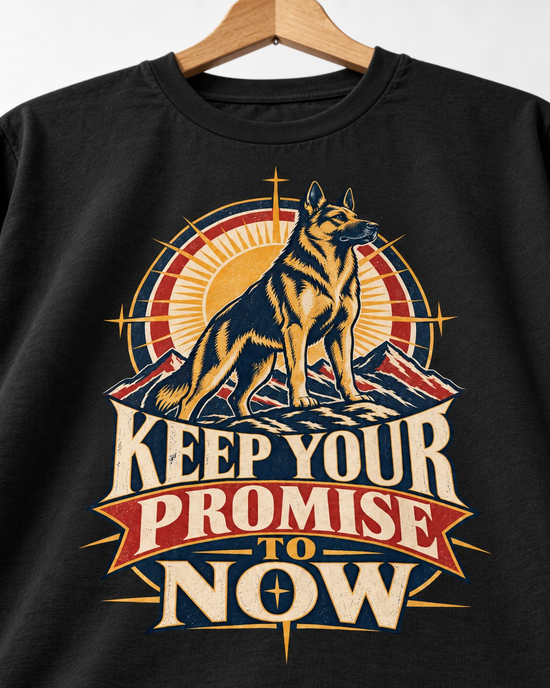 Keep Your Promise To Now Sunrise German Shepherd Dog Graphic T-Shirt in Black, close-up of the graphic