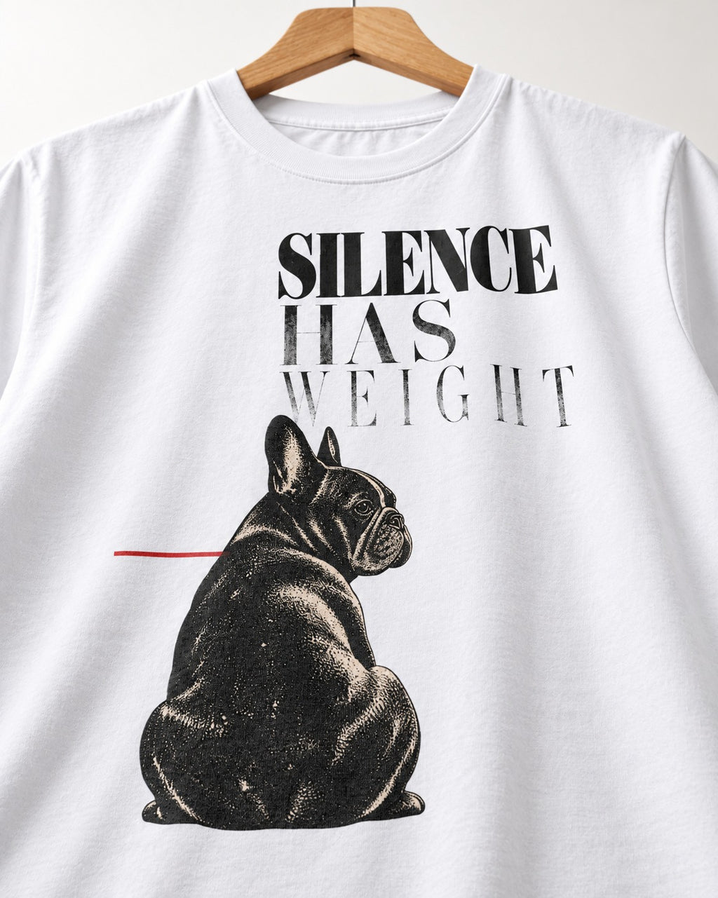 Silence Has Weight Frenchie T-Shirt in White, close-up of the graphic