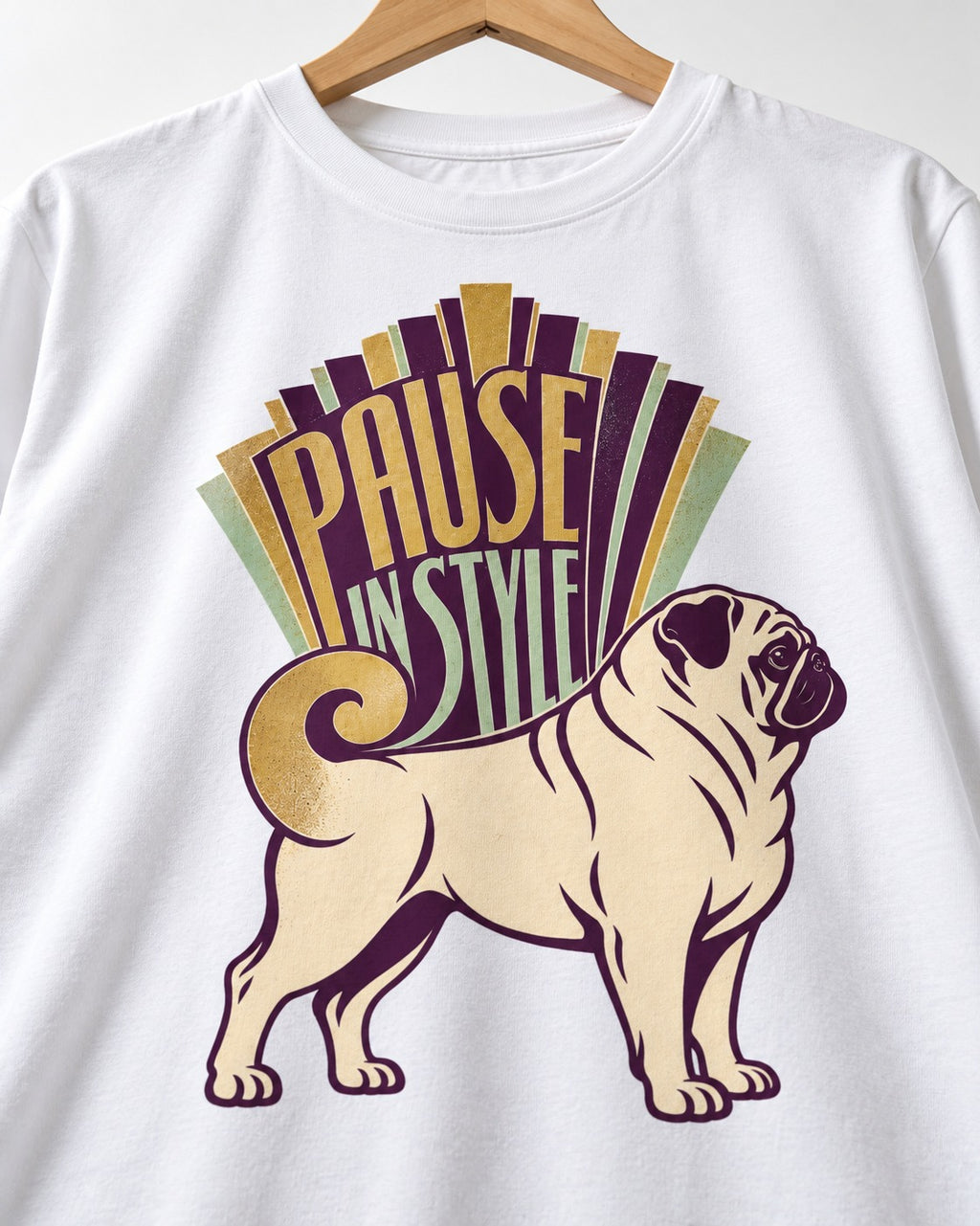 Pug Pause T-Shirt in White, close-up of the graphic