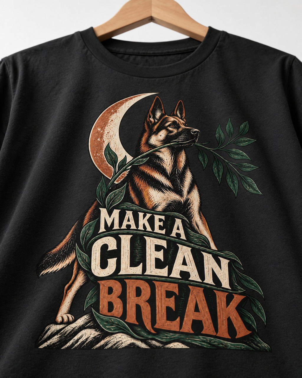 Make A Clean Break Crescent Botanical German Shepherd Dog Graphic T-Shirt in Black, close-up of the graphic