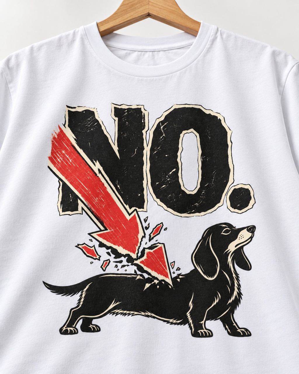 Dachshund Says No T-Shirt in White, close-up of the graphic