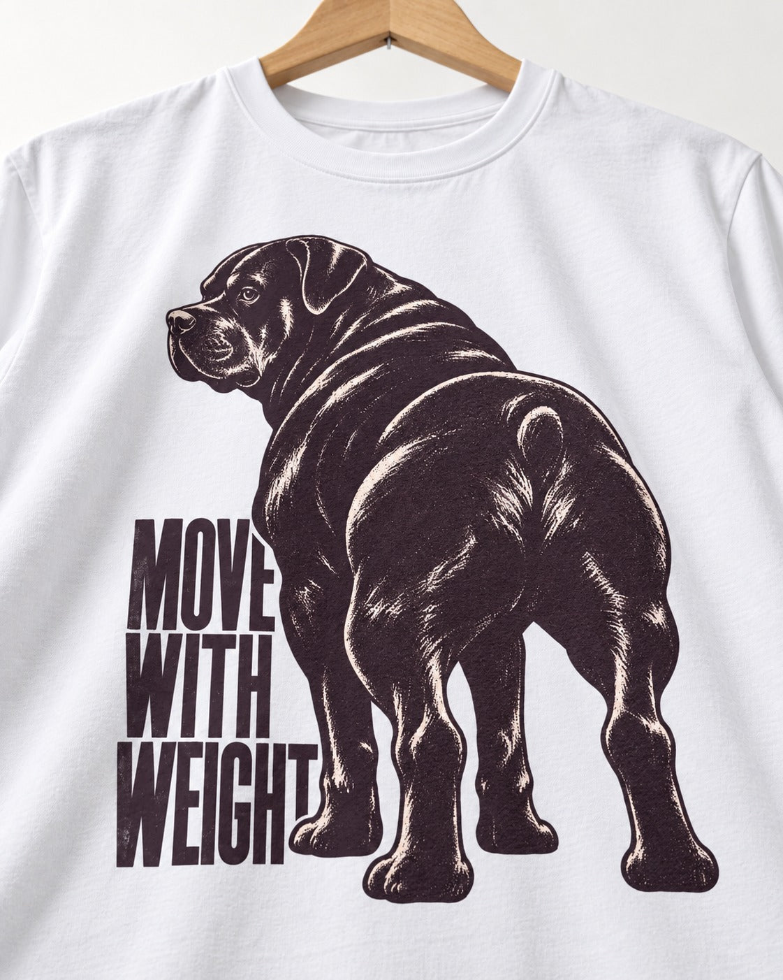 Rottweiler Moves with Weight T-Shirt in White, close-up of the graphic