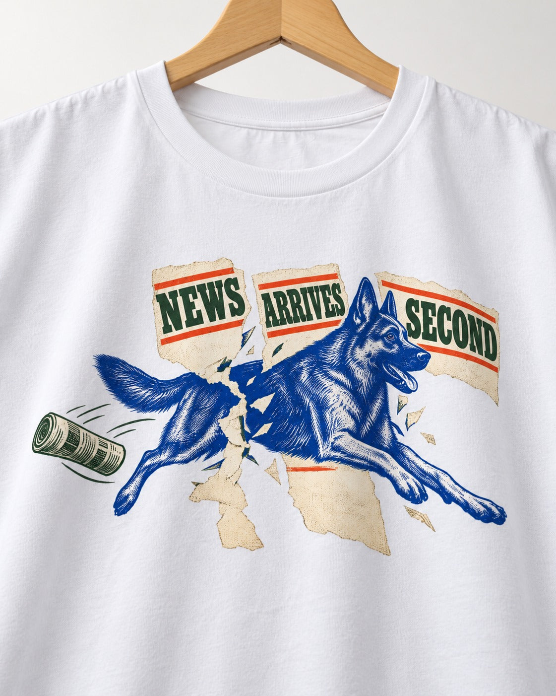 News Arrives Second German Shepherd Dog T-Shirt in White, close-up of the graphic