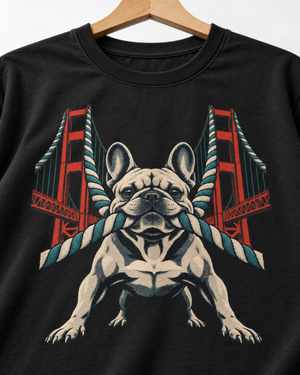 Frenchie Tug Anchor Bridge Graphic T-Shirt in Black, close-up of the graphic