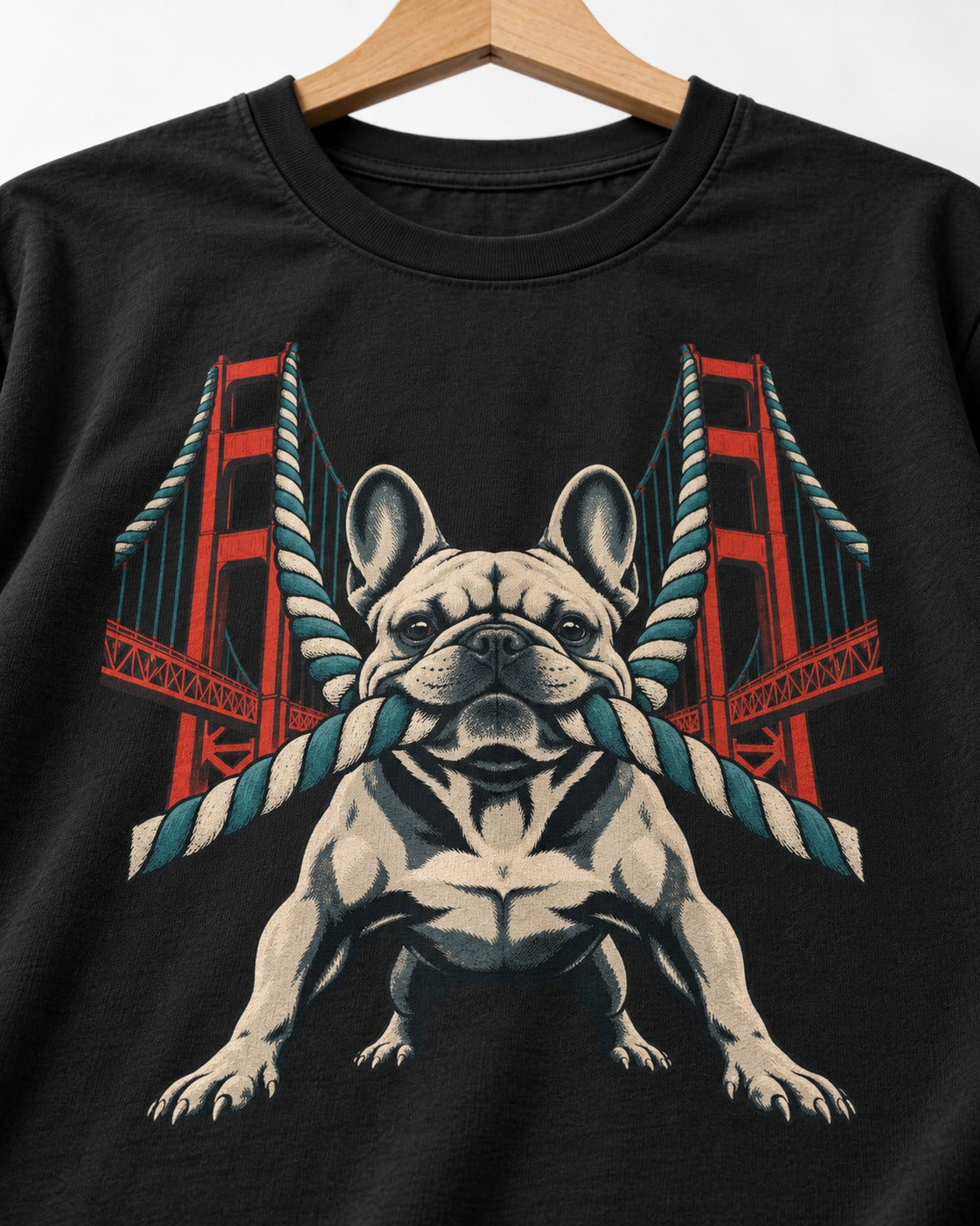 Frenchie Tug Anchor Bridge Graphic T-Shirt in Black, close-up of the graphic