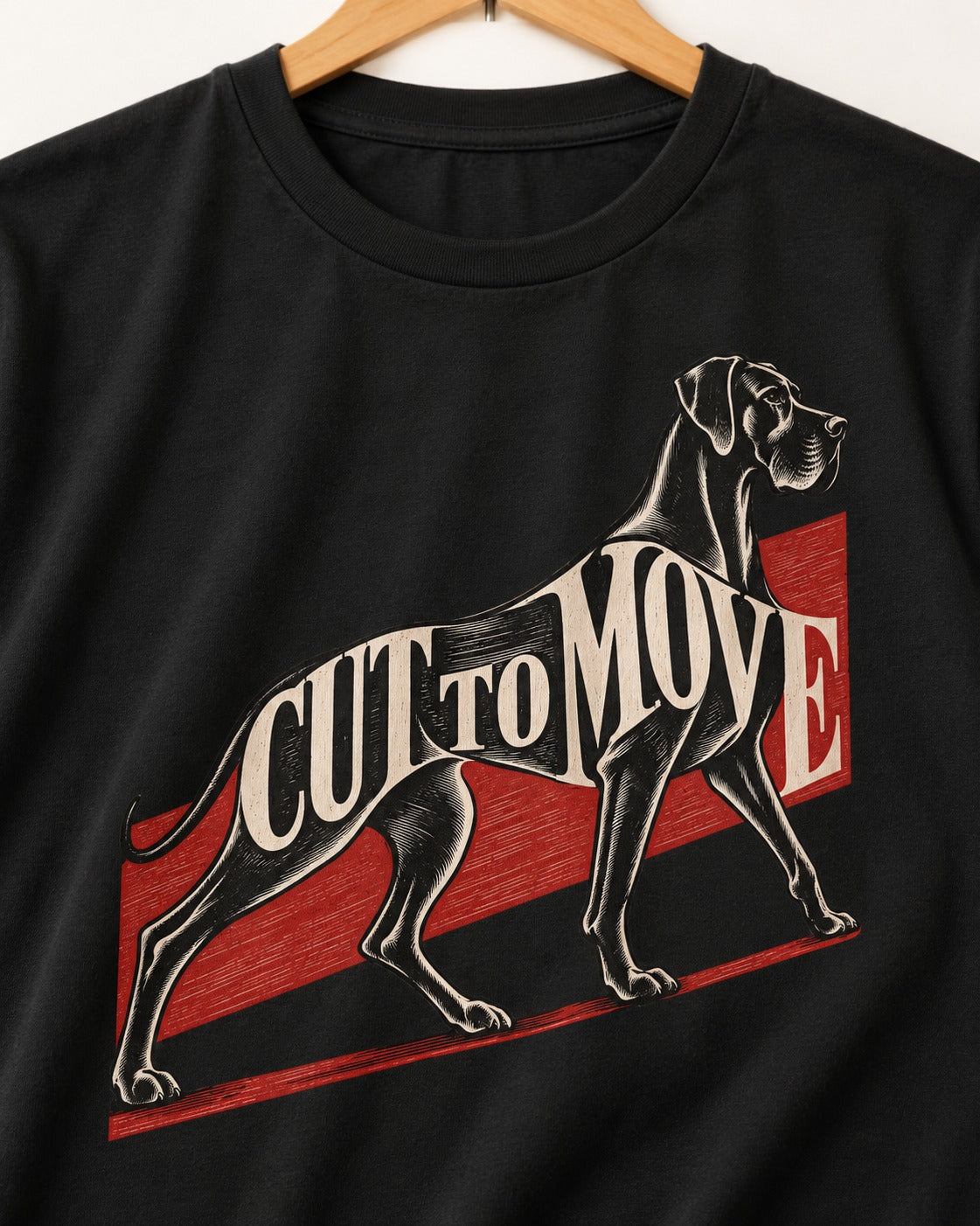Great Dane Cut to Move Walking Typography Graphic T-Shirt in Black, close-up of the graphic