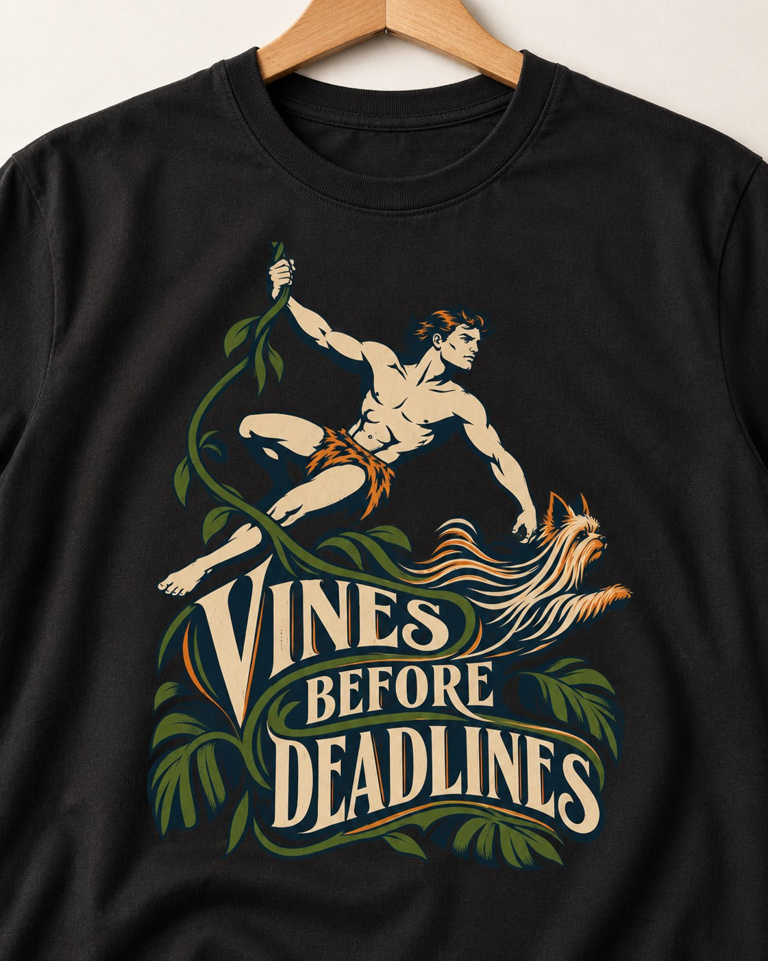 Yorkshire Terrier Vines Before Deadlines Jungle Hero Graphic T-Shirt in Black, close-up of the graphic
