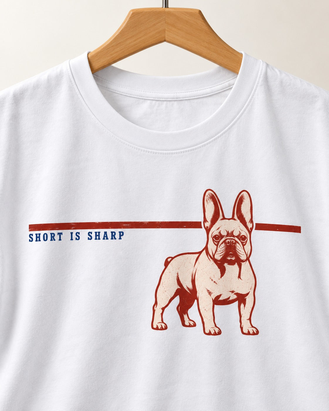 Short Is Sharp Frenchie T-Shirt in White, close-up of the graphic