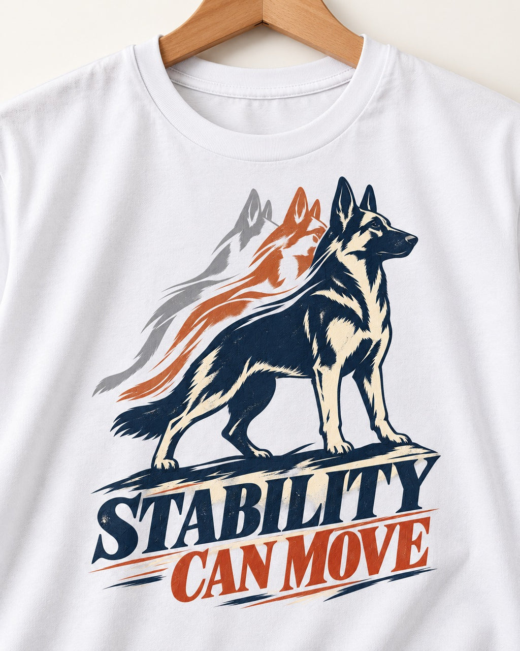 Stability Can Move German Shepherd Dog T-Shirt in White, close-up of the graphic
