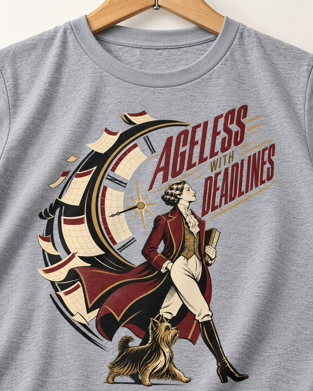 Yorkshire Terrier Ageless with Deadlines Calendar Clock Graphic T-Shirt in Sport Grey, close-up of the graphic