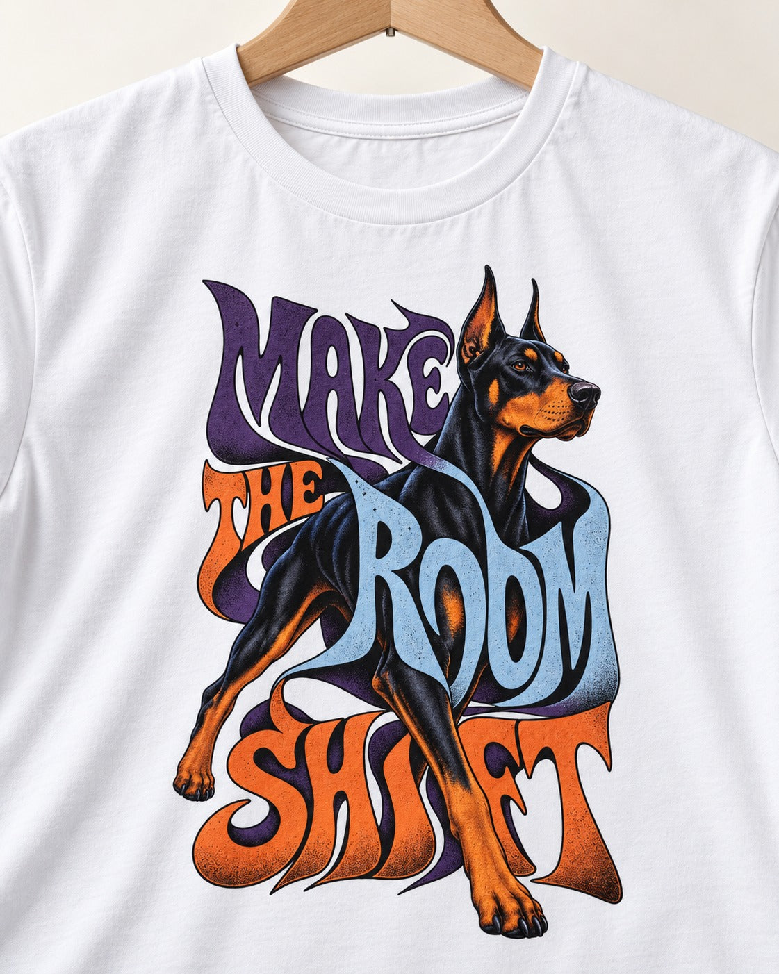 Doberman Make the Room Shift Psychedelic Graphic T-Shirt in White, close-up of the graphic