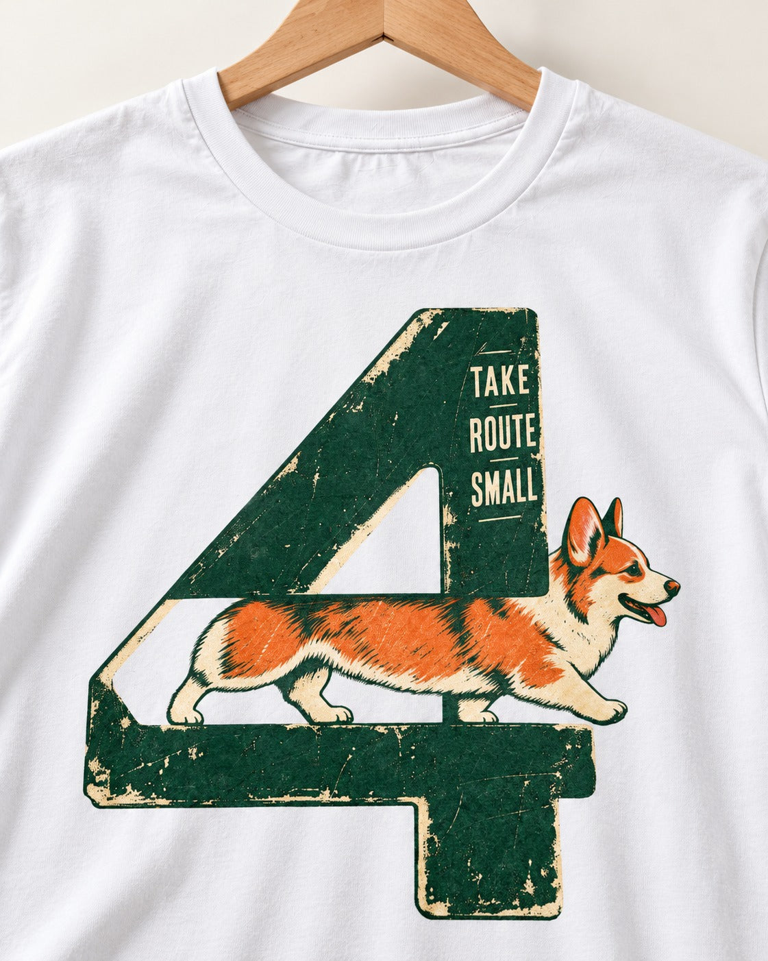 Take Route Small Corgi T-Shirt in White, close-up of the graphic