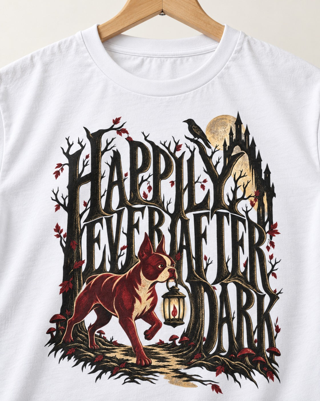 Happily Ever After Dark Boston Terrier T-Shirt in White, close-up of the graphic