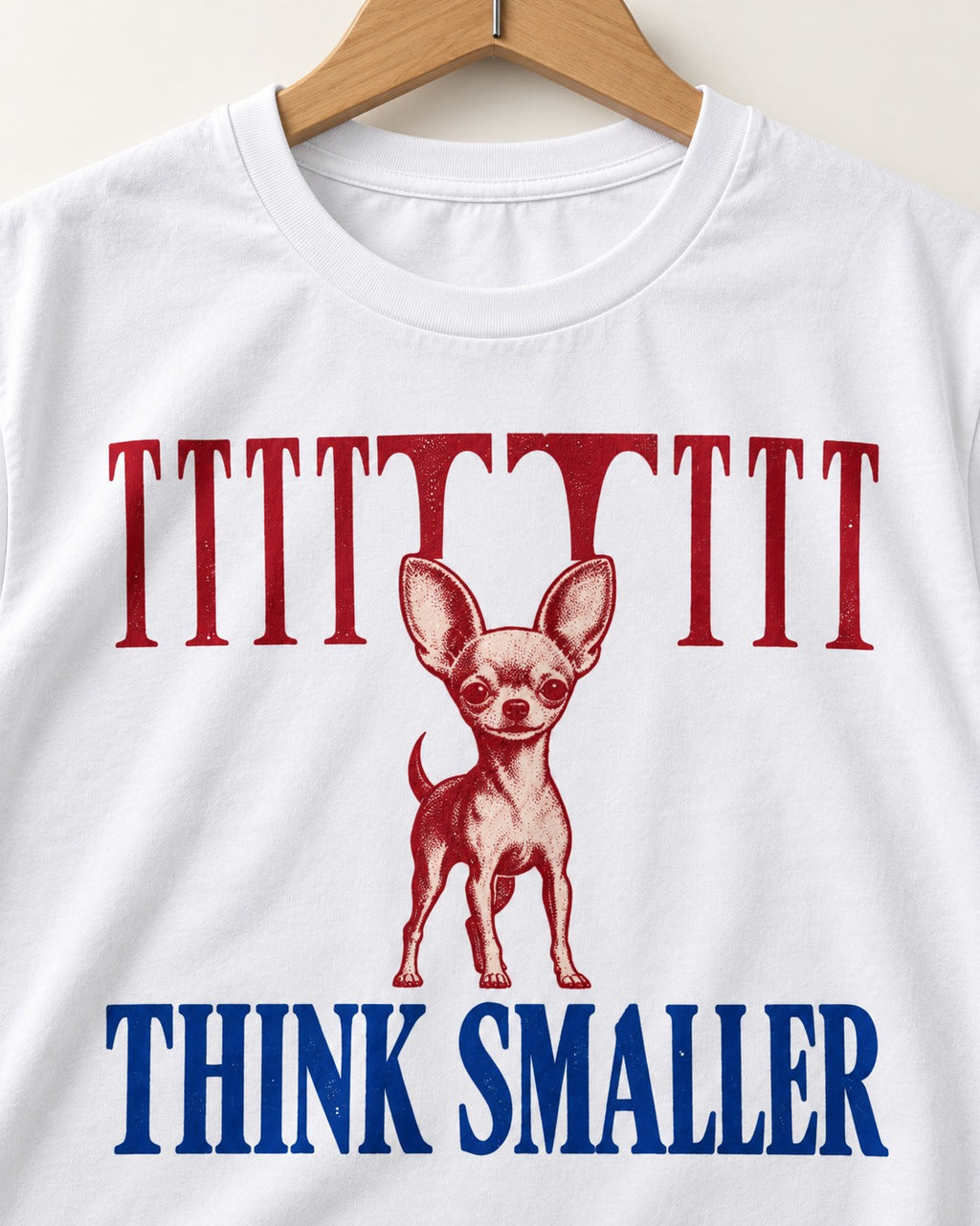 Think Smaller Chihuahua T-Shirt in White, close-up of the graphic