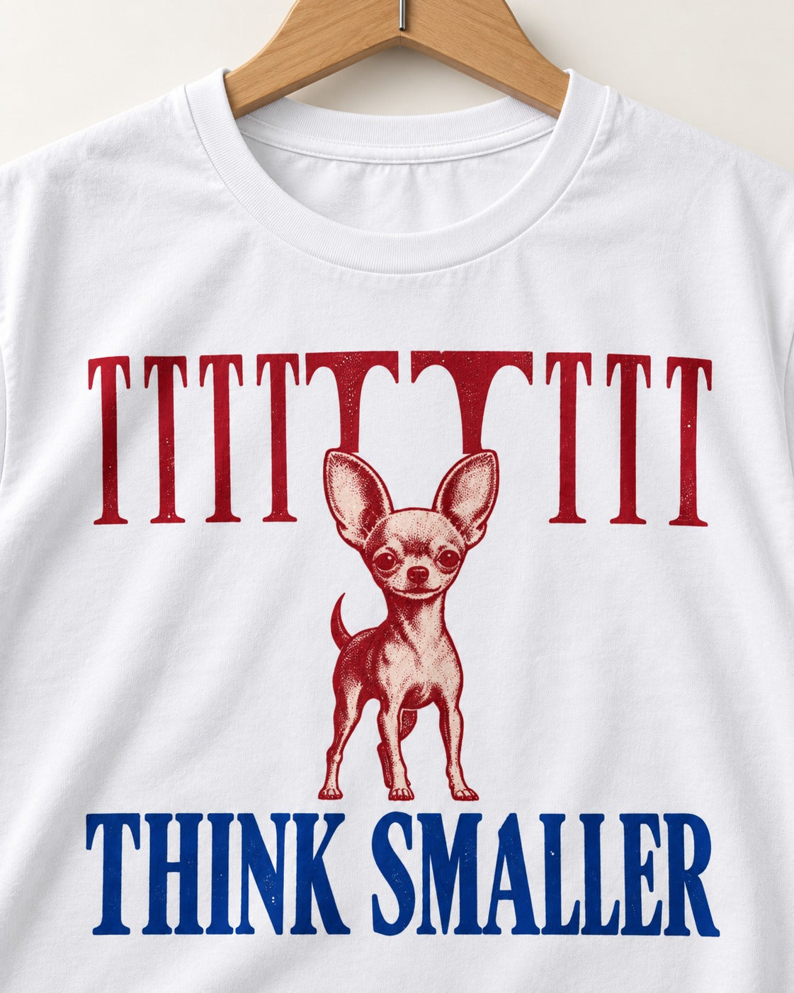 Think Smaller Chihuahua T-Shirt in White, close-up of the graphic