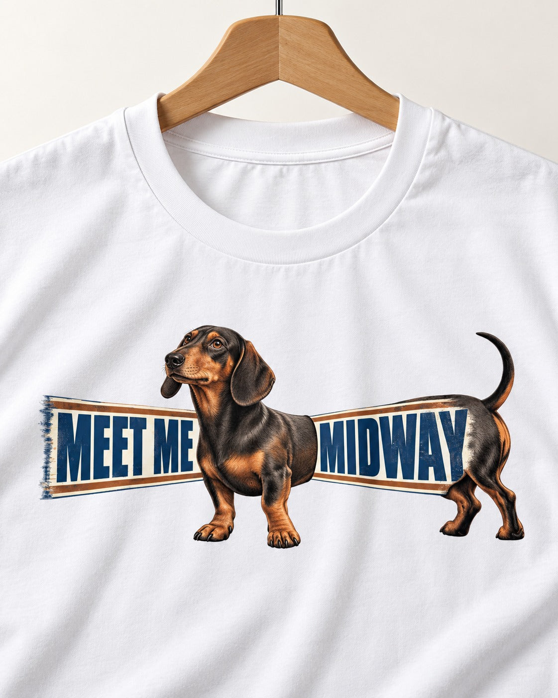 Dachshund Meet Me Midway T-Shirt in White, close-up of the graphic