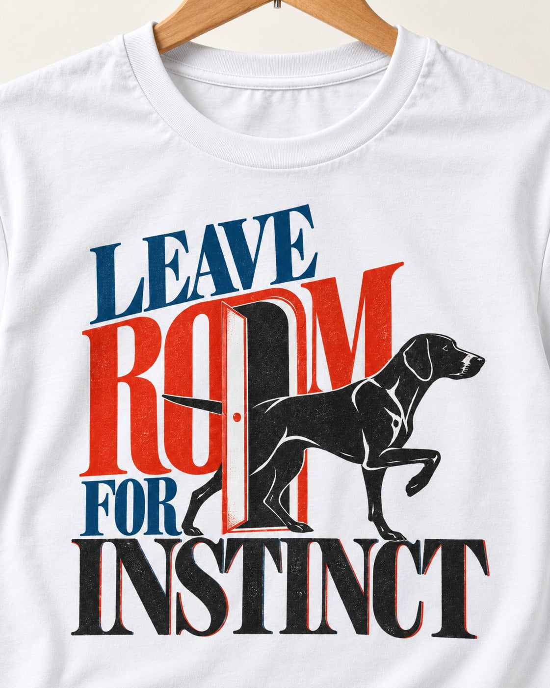 Leave Room for Instinct German Shorthaired Pointer T-Shirt in White, close-up of the graphic