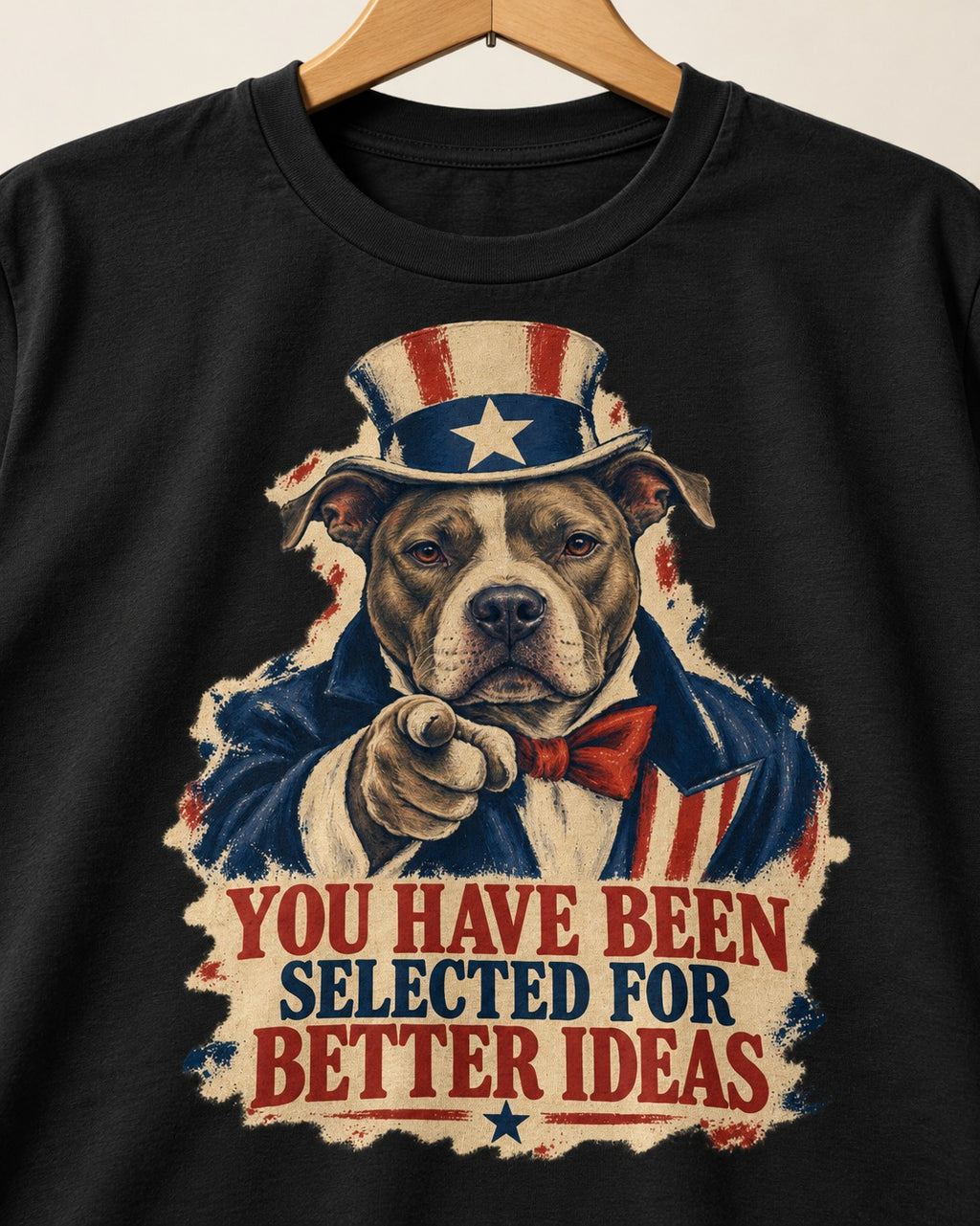 Pitbull You Have Been Selected for Better Ideas Uncle Sam Graphic T-Shirt in Black, close-up of the graphic