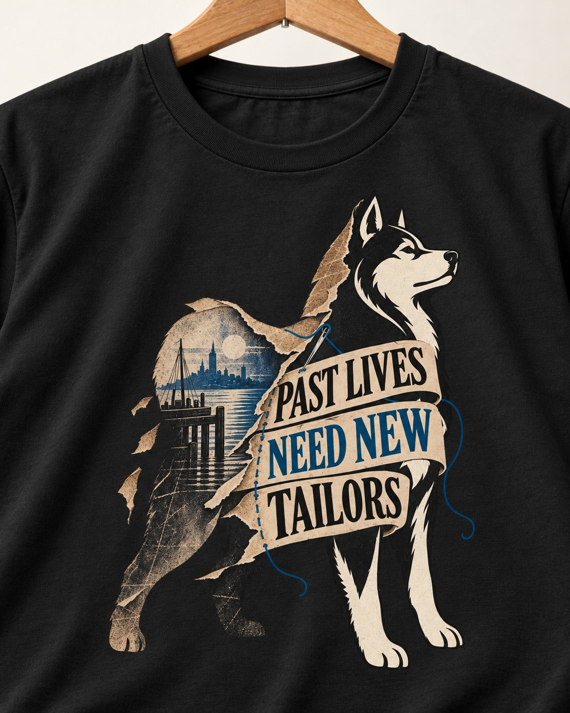 Husky Past Lives Need New Tailors Split Identity Graphic T-Shirt in Black, close-up of the graphic