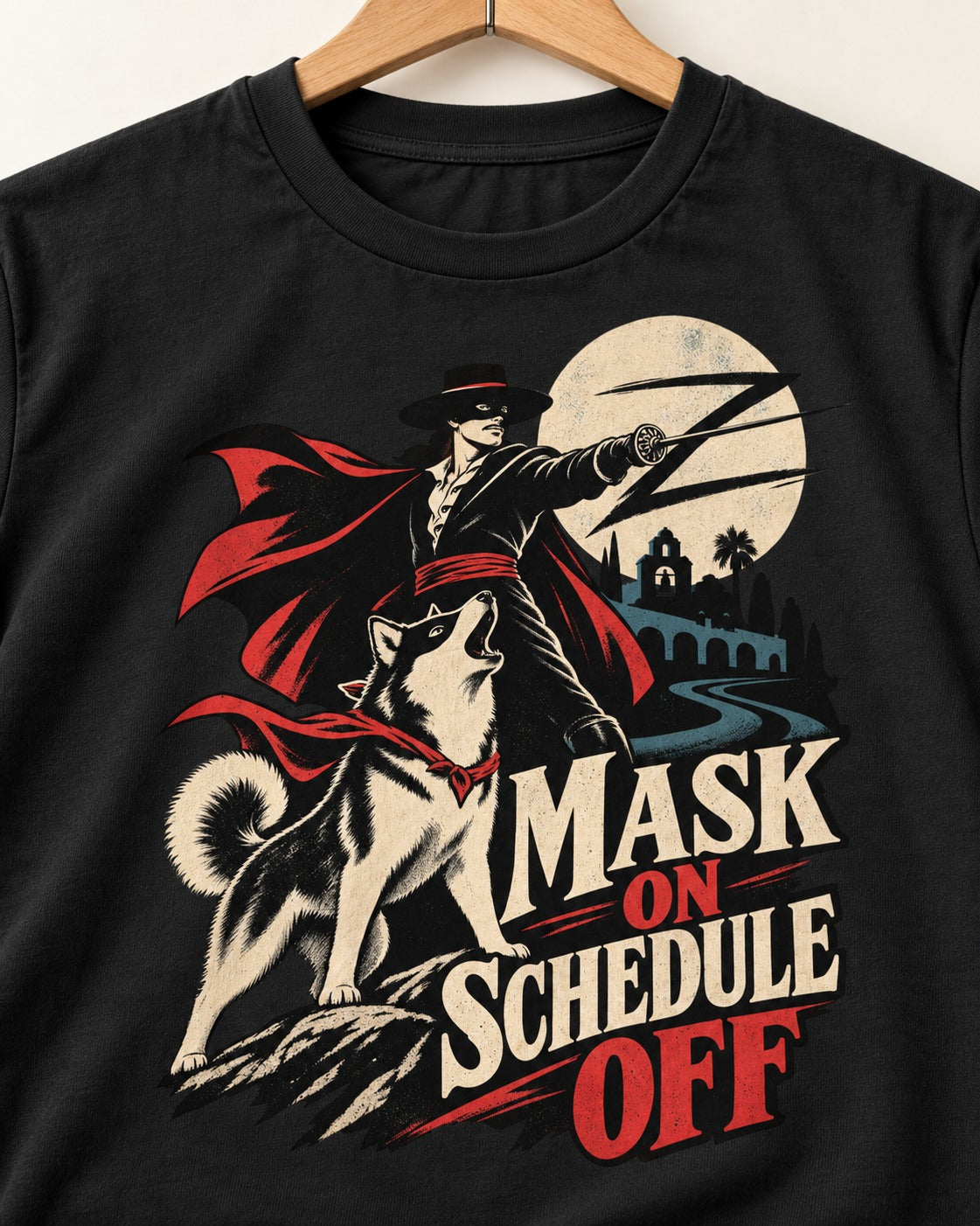 Husky Mask On Schedule Off Masked Swordsman Graphic T-Shirt in Black, close-up of the graphic