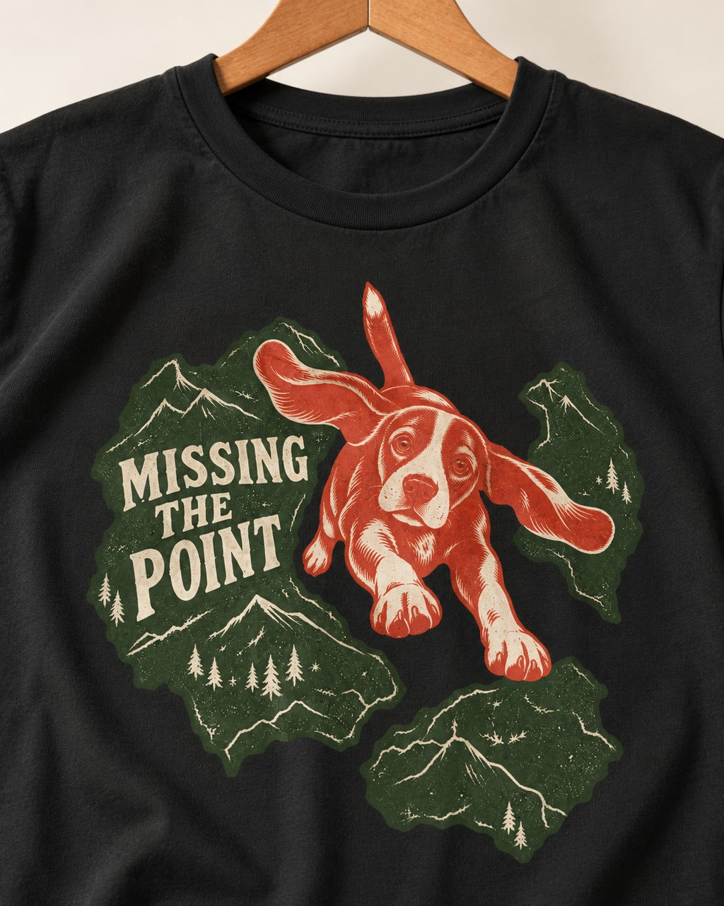 Missing The Point Beagle Trail T-Shirt in Black, close-up of the graphic