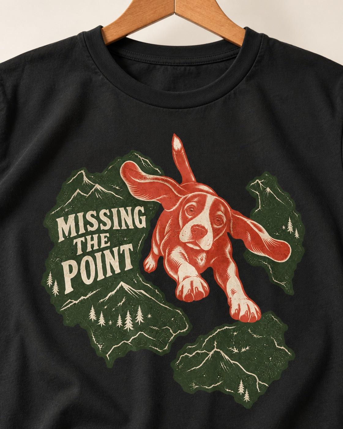 Missing The Point Beagle Trail T-Shirt in Black, close-up of the graphic