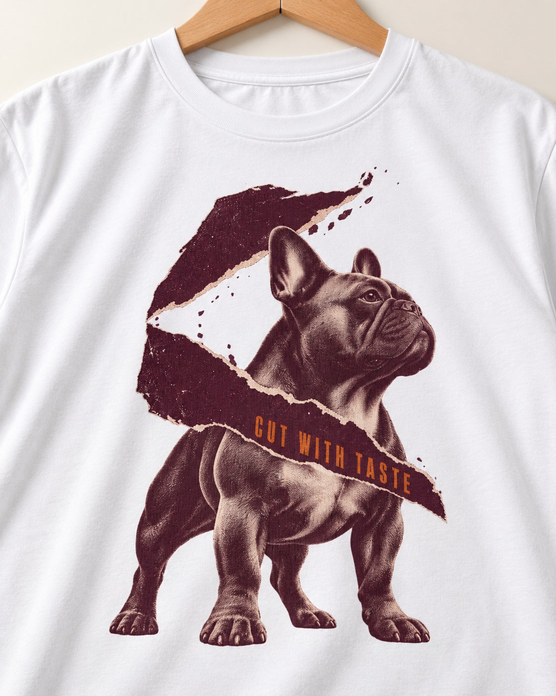 Frenchie Cut with Taste T-Shirt in White, close-up of the graphic