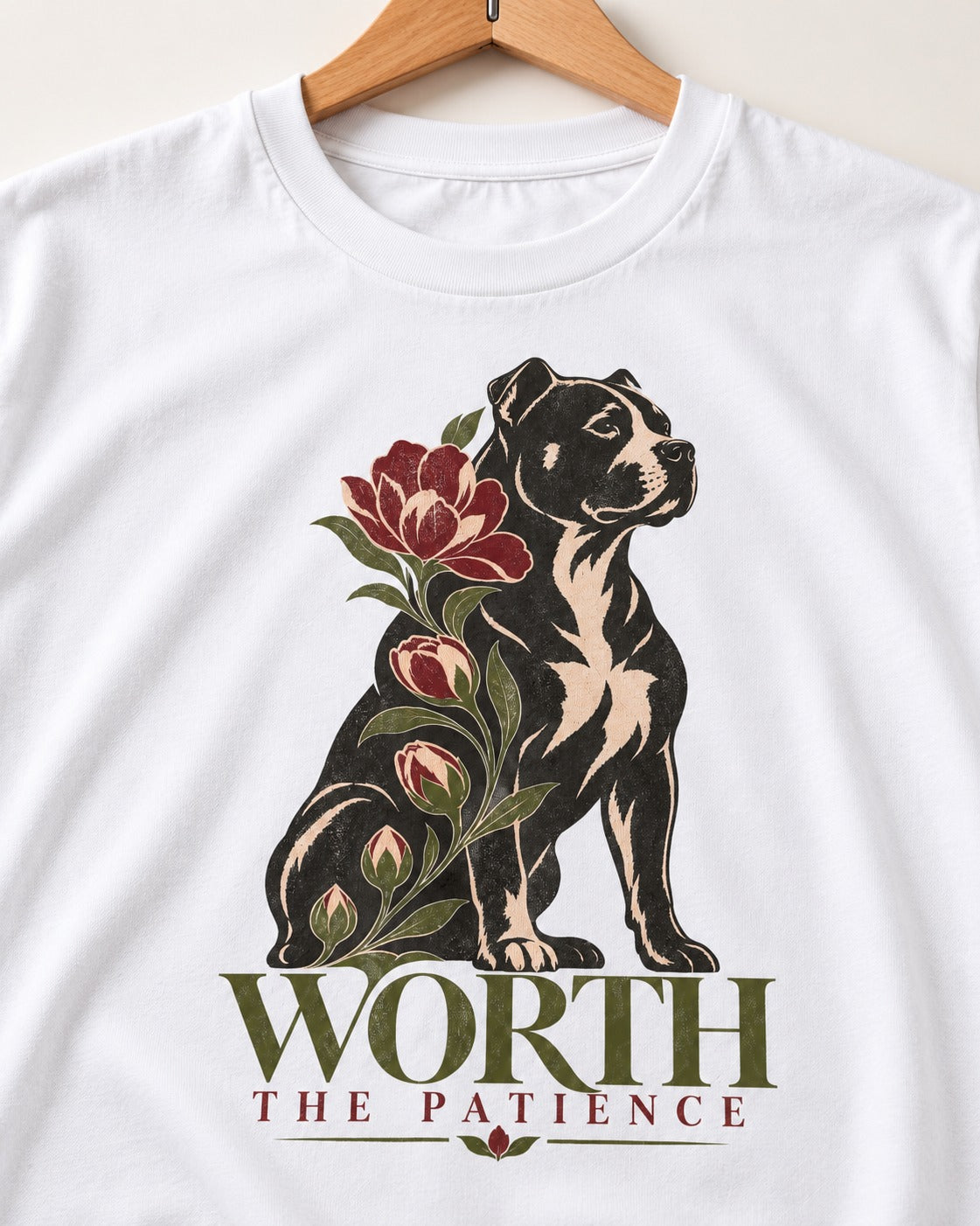 Pitbull Worth the Patience T-Shirt in White, close-up of the graphic