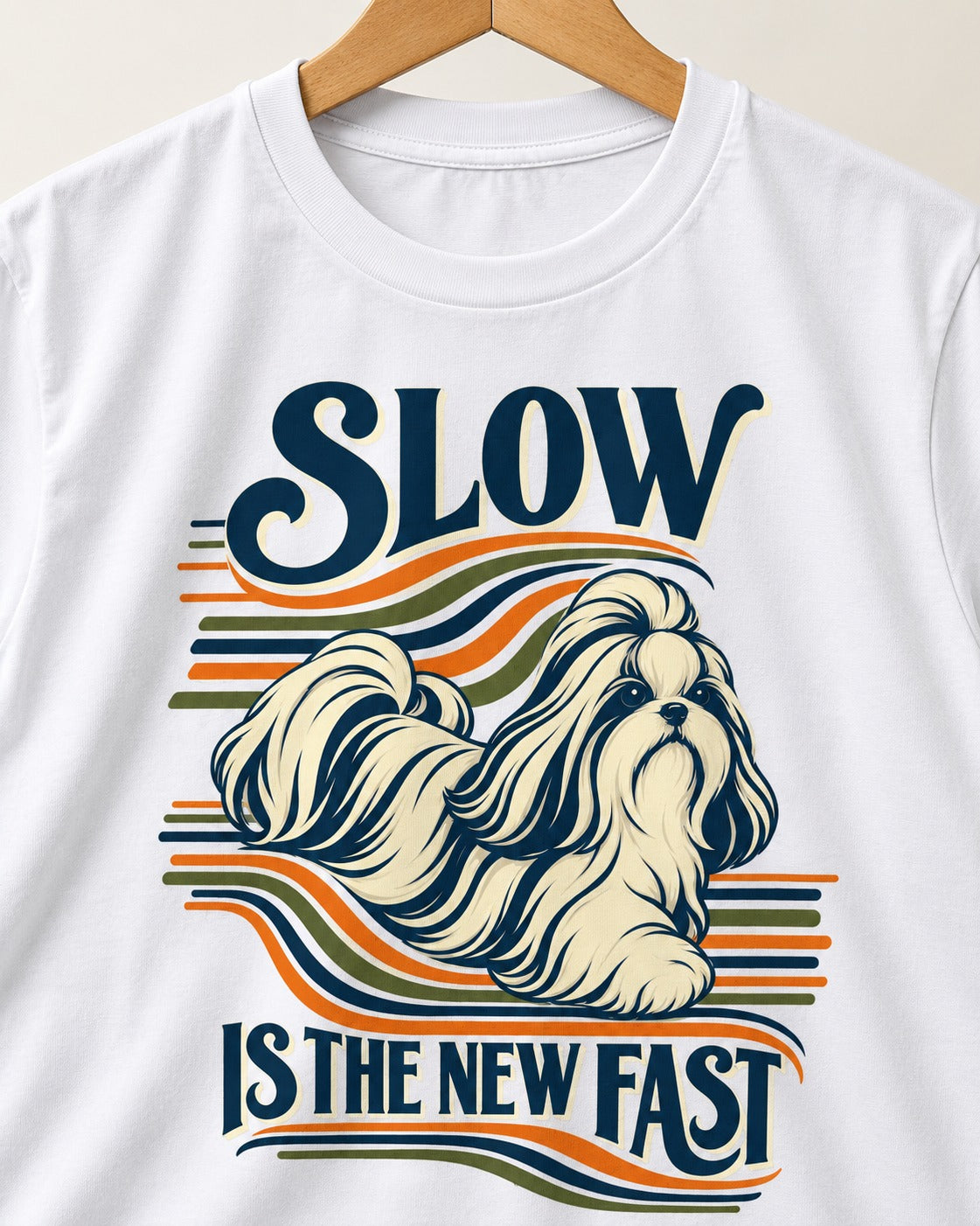 Slow Is Fast Shih Tzu T-Shirt in White, close-up of the graphic