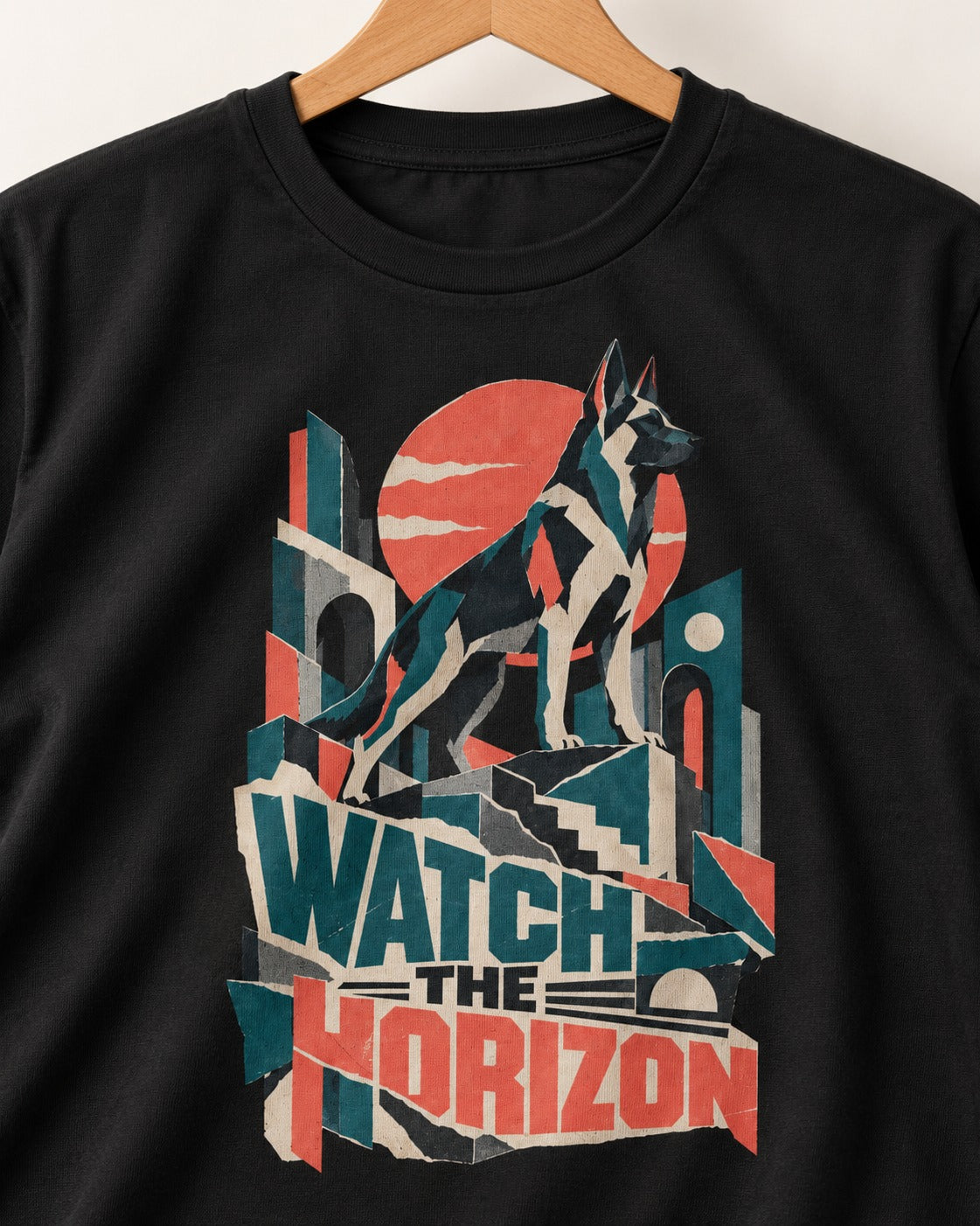 Watch The Horizon Cut Paper Cityscape German Shepherd Dog Graphic T-Shirt in Black, close-up of the graphic