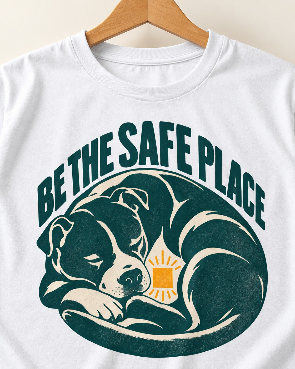 Pitbull Safe Place T-Shirt in White, close-up of the graphic