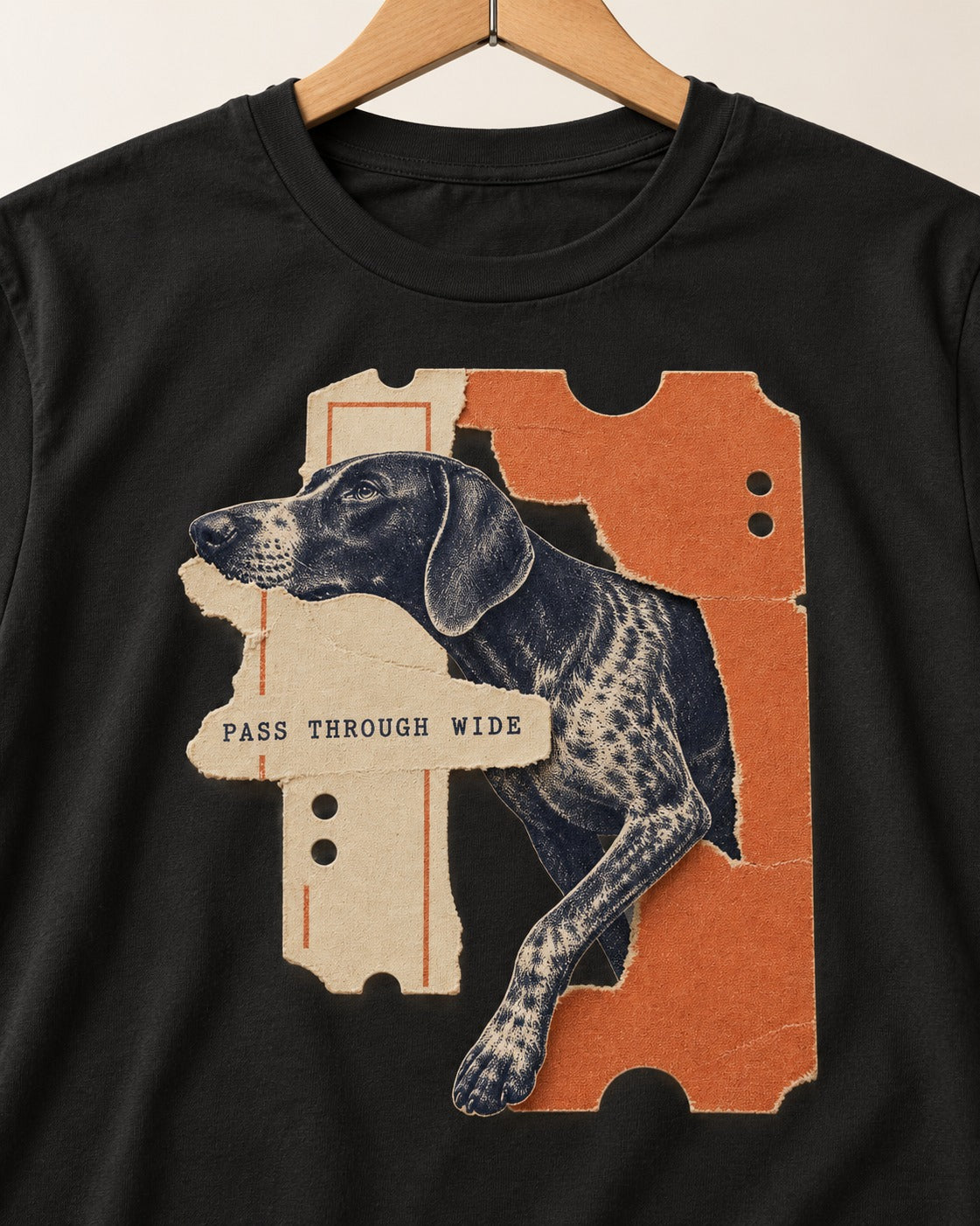 German Shorthaired Pointer Pass Through Wide Ticket Graphic T-Shirt in Black, close-up of the graphic