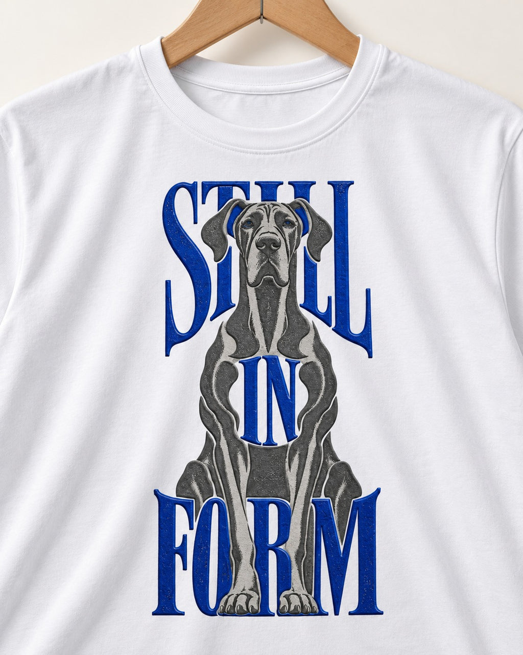 Still in Form Great Dane T-Shirt in White, close-up of the graphic