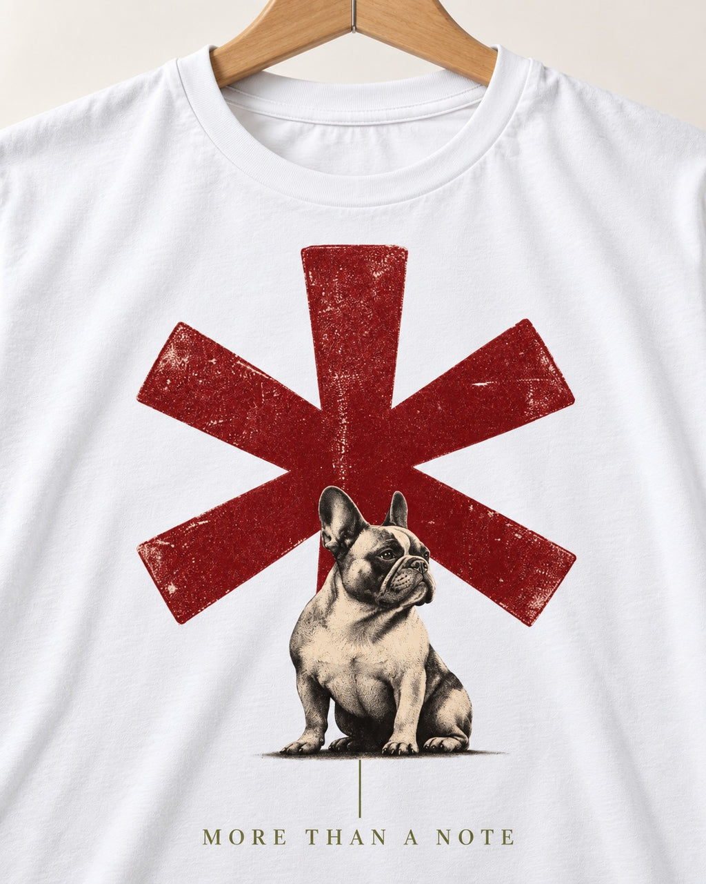 Frenchie More Than a Note T-Shirt in White, close-up of the graphic