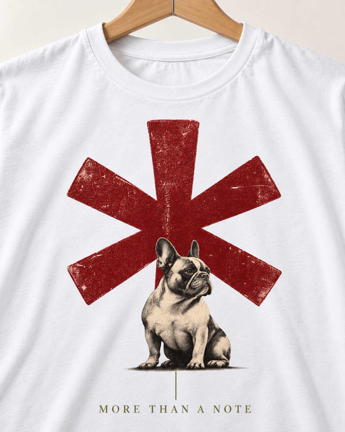 Frenchie More Than a Note T-Shirt in White, close-up of the graphic
