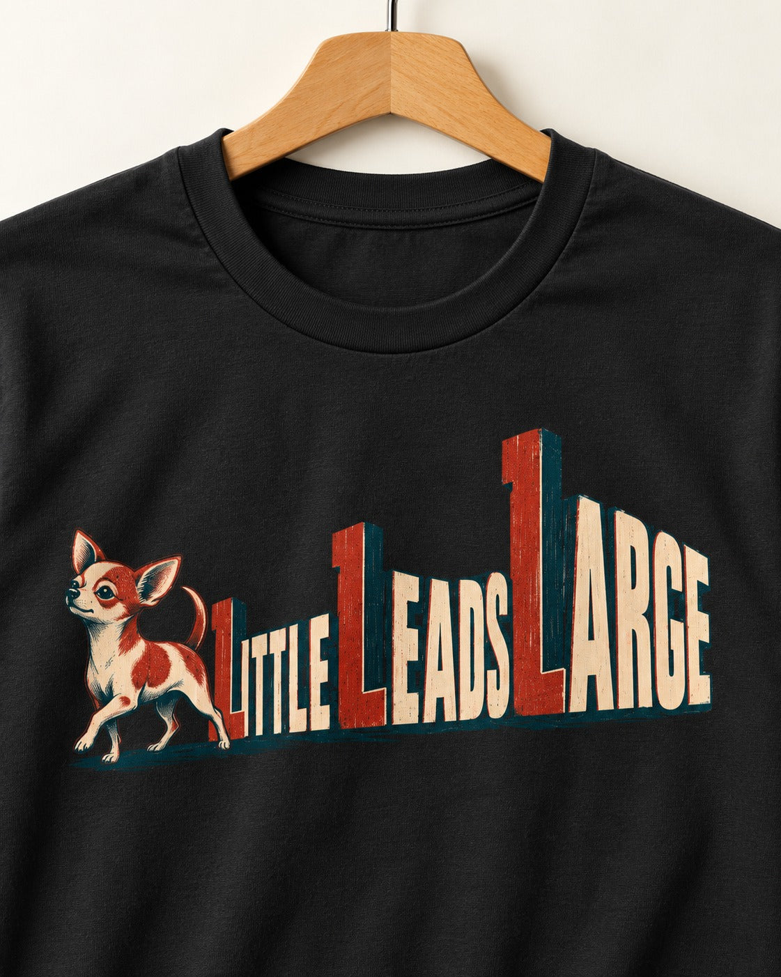 Chihuahua Little Leads Large Perspective Typography T-Shirt in Black, close-up of the graphic