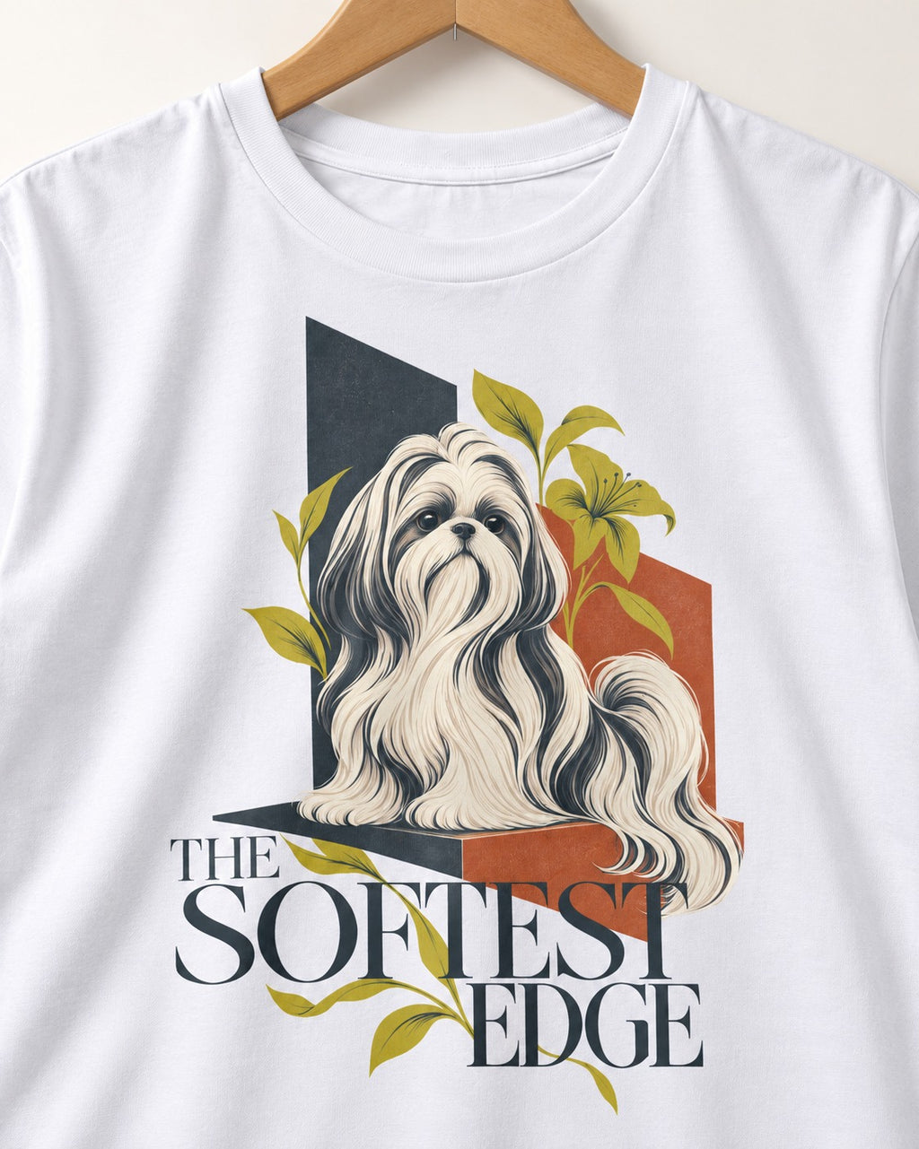 Shih Tzu The Softest Edge T-Shirt in White, close-up of the graphic