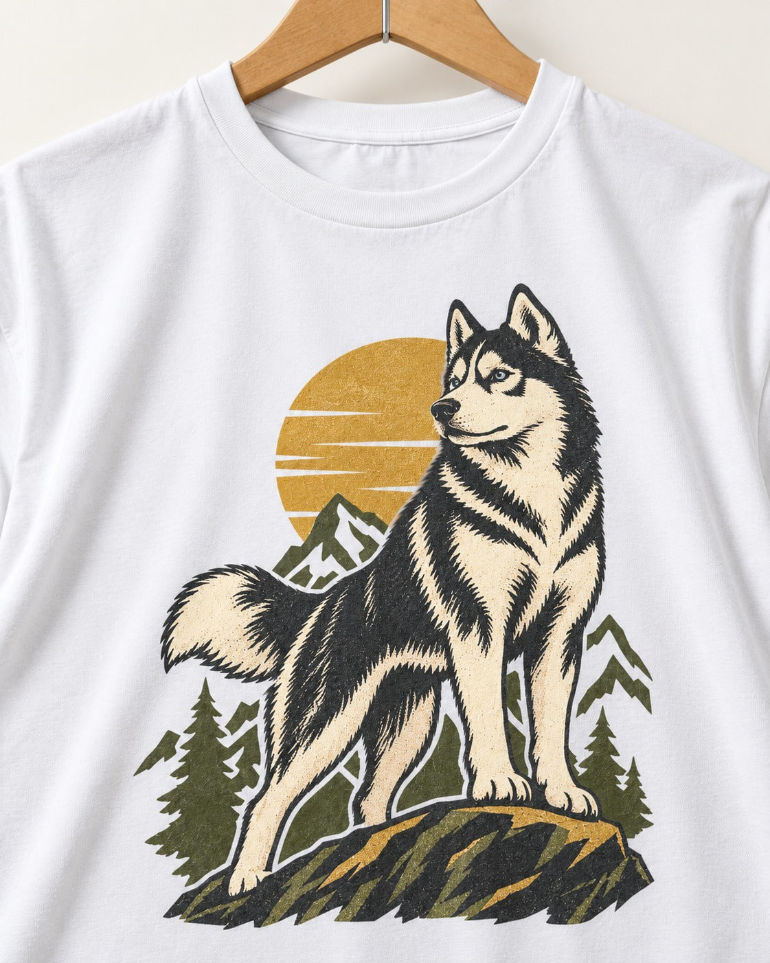 Husky Born to Roam T-Shirt in White, close-up of the graphic