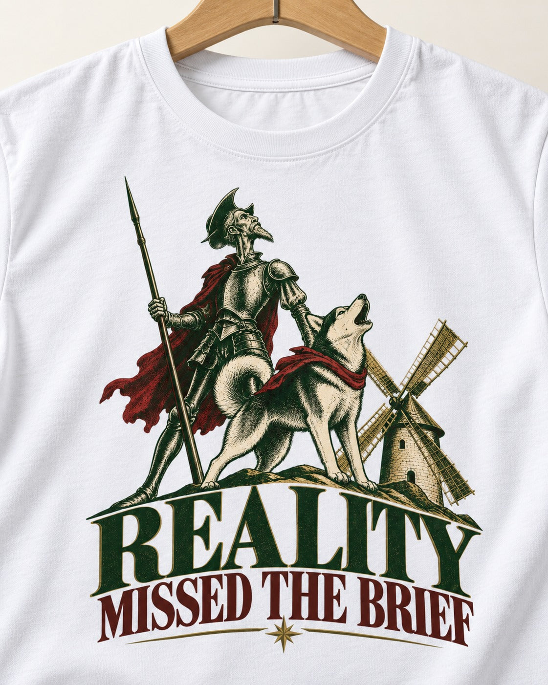 Reality Missed the Husky Brief T-Shirt in White, close-up of the graphic