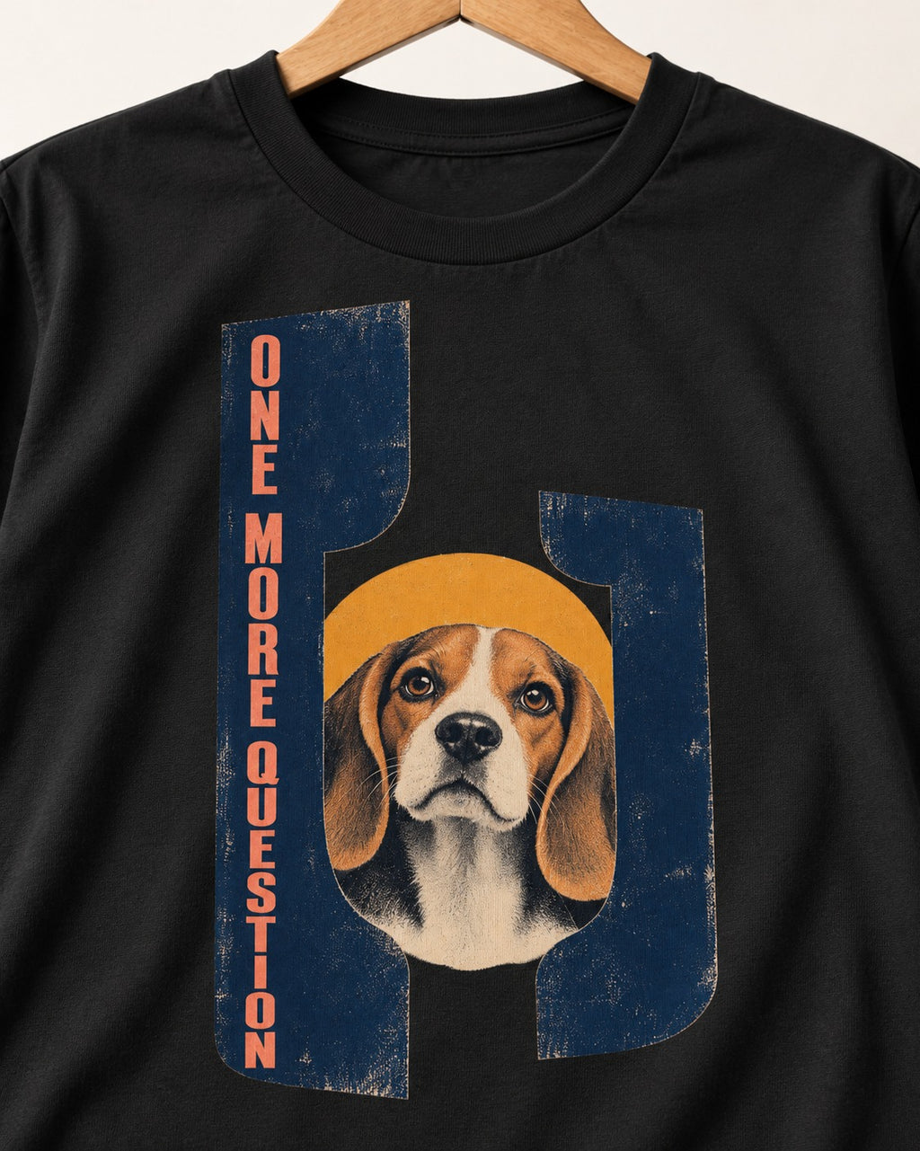 Beagle Has One More Question T-Shirt in Black, close-up of the graphic