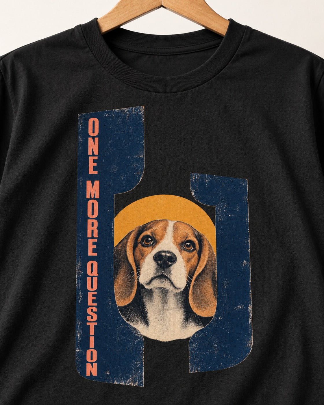Beagle Has One More Question T-Shirt in Black, close-up of the graphic